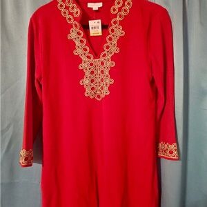NWT Charter Club Ribbed Red Tunic with Gold Embroidery